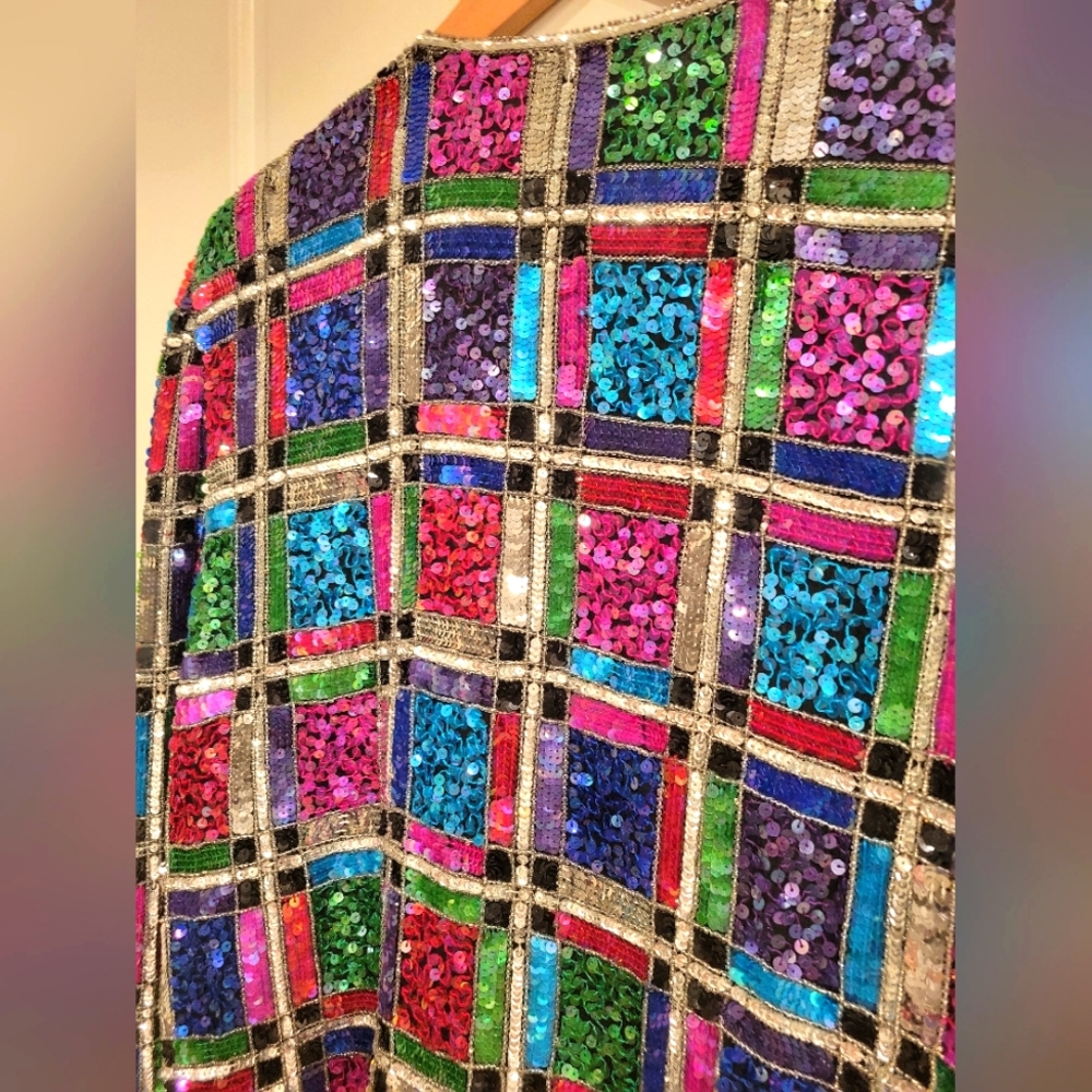VINTAGE 80'S LESLIE FAY RAINBOW SEQUIN EVENING JACKET SIZE LARGE PETITE - Picture 6 of 16